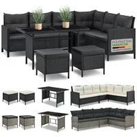 Juskys Gartenlounge Manacor schwarz - Sofa, Tisch, Hocker & Kissen - 7 Personen - Sitzbezüge in Grau