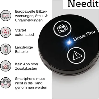 Needit Drive One Blitzerwarner - das Original I Warnt vor Blitzern & Gefahren im Straßenverkehr I Echtzeit Radarwarner, automatisch aktiv bei Bluetooth-Verbindung mit Smartphone I Daten von Blitzer.de