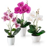 PASCH® Kunstblumen im Topf (35cm) - 3er Set Orchideen künstlich abgestimmtes Arrangement in Hochglanz-Keramiktöpfen, Deko Blumen künstlich, künstliche Orchideen (Weiß-Rosé)