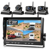 10 Zoll Rückfahrkamera Kabellos Set: 2 Seitenkameras und 2 Rückfahrkameras, 1080P FHD Monitor, 9600mAh Akku, 1-Min Installation, IP69K Wasserdicht Rückfahrkameras für Wohnmobile,Anhänger und LKWs