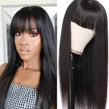 Straight Wig with Bangs Echthaar perücke Human Hair Wigs with Bangs Brasilianisches Perücken Echthaar Damen Glueless Brazilian None Lace Front Wig 18" (45 cm)