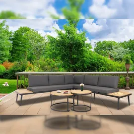 Mendler Garten-Garnitur HWC-H54c, Lounge-Set, Beistelltisch Spun Poly Akazie Holz Stahl ~ hellbraun, Kissen dunkelgrau