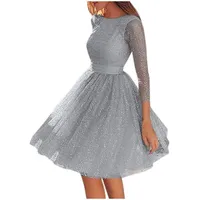 LOPILY Damen Abendkleid Gr.48 Glitzer Rückenfrei Partykleid Swing Plisseekleid Elegantes Cocktailkleid Tütü Faltenrock Silvesterkleid Edle Rockabilly Langarmkleider Frauen Große Größen - S