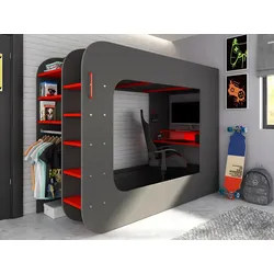Hochbett mit Gaming-Schreibtisch & Stauraum & Matratze + LEDs - 90 x 200 cm - Anthrazit & Rot - WARRIOR