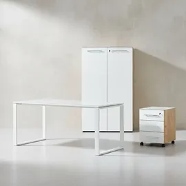 KADIMA DESIGN Büro-Set MUENCHEN 3-tlg Schreibtisch, Schrank, Container Glasfront Chalet-Eiche-Nb./Weiß