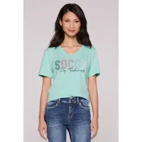 Soccx Damen Basic T-Shirt mit V-Ausschnitt und Logo Aqua