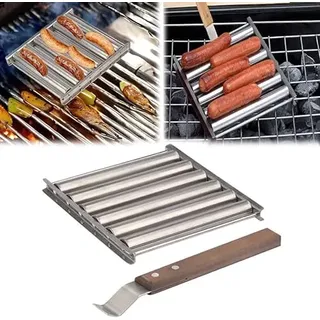 Hot Dog Roller, Edelstahl Wurstroller Rack mit extra langem Holzgriff, BBQ Hot Dog Griller, 6 Rollen für 5 Hot Dogs für Gleichmäßig Gekochte Hot Dog (1 Set)