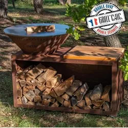 Grill'Chic Holzgrill Le Traditionnel Braséro mit Outdoor-Plancha 100x90 DOUBLE CUVE, aus Cortenholz - hergestellt in Frankreich