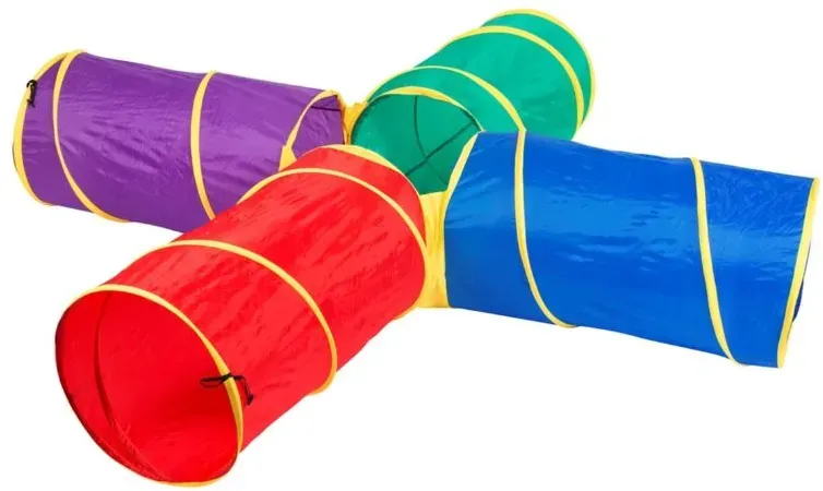 Krabbeltunnel 4-teilig Ø 50 cm, je 91 cm bunt Polyester für Kinder, faltbar, mit Tragetasche, Kreuzform – Spordas Supercross