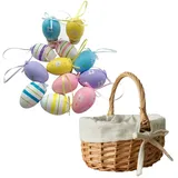 Osterkörbchen Mit Henkel Rattan Picknickkorb Geflochten Einkaufskorb Weidenkorb mit Henkel Stoffbezug Obstkorb Gewebten Aufbewahrungskorb Tragekorb Klein Autokorb (Khaki+12pc Eggs, One Size)