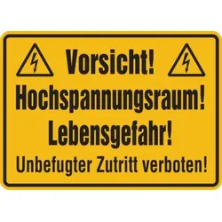 Hinweisschild, Hochspannungsraum! Unbefugter Zutritt verboten!, 250 x 350 mm, - 350x250x0.45 mm Aluminium geprägt