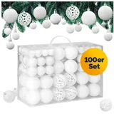 CASARIA CASARIA® Weihnachtskugeln 100tlg Ø 3-6cm Kunststoff matt glänzend Christbaumkugeln Christbaumschmuck Anhänger Weihnachtsbaumkugeln Weihnachtsdeko Weiß