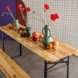 sweeek - 2er-Set klappbarer Partytische aus Tannenholz mit je 2 Bänken - Natur