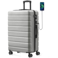 AnyZip Hartschalenkoffer Leicht Reisekoffer Trolley Rollkoffer mit TSA Schloss und 4 Rollen USB,PC+ABS Hartschale(Silber,XL)