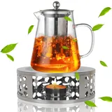 Yuragim Teekanne mit Stövchen Set, 1300 ML Glas Teekanne mit Siebeinsatz und Edelstahl Stövchen, Tee Kanne mit Teelicht Wärmer, Teebereiter für Losen Tee, Teapot mit Teebereiter