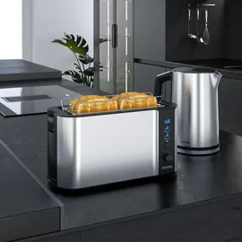 Arendo 2-teiliges Frühstücksset, Edelstahl Wasserkocher 2200W, 4-Scheiben Langschlitz Toaster, Silber
