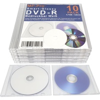 MP-Pro Smart-Glossy DVD-Rohlinge 4,7 GB DVD-R Inkjet Printable Weiß Glänzend Bedruckbar - 10 Stück in CD Slimcase Transparent