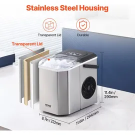 Vevor Eisbereiter Eiswürfelmaschine 9 Würfel in 6 Minuten, 11,8 kg / 24 h, tragbarer Eiswürfelbereiter mit Schaufel & Korb, Eismaschine mit 2 Größen für Küche Bar Silber