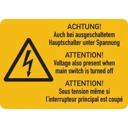 Warnschild, Hauptschalter unter Spannung (3-sprachig), Folie - 52x37 mm Folie selbstklebend