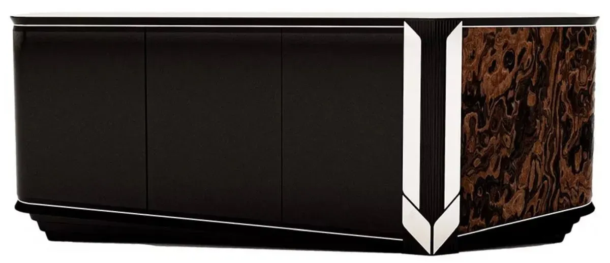 Casa Padrino Luxus Designer Sideboard mit 4 Türen Schwarz / Braun / Silber 230 x 54 x H. 85 cm - Luxus Möbel - Designer Möbel - Esszimmer Möbel - Hotel Möbel - Luxus Qualität