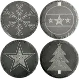 Schiefer Untersetzer Weihnachten für Gläser rund 10cm 4er Set. Schieferplatten Untersetzer Steinuntersetzer für Getränke