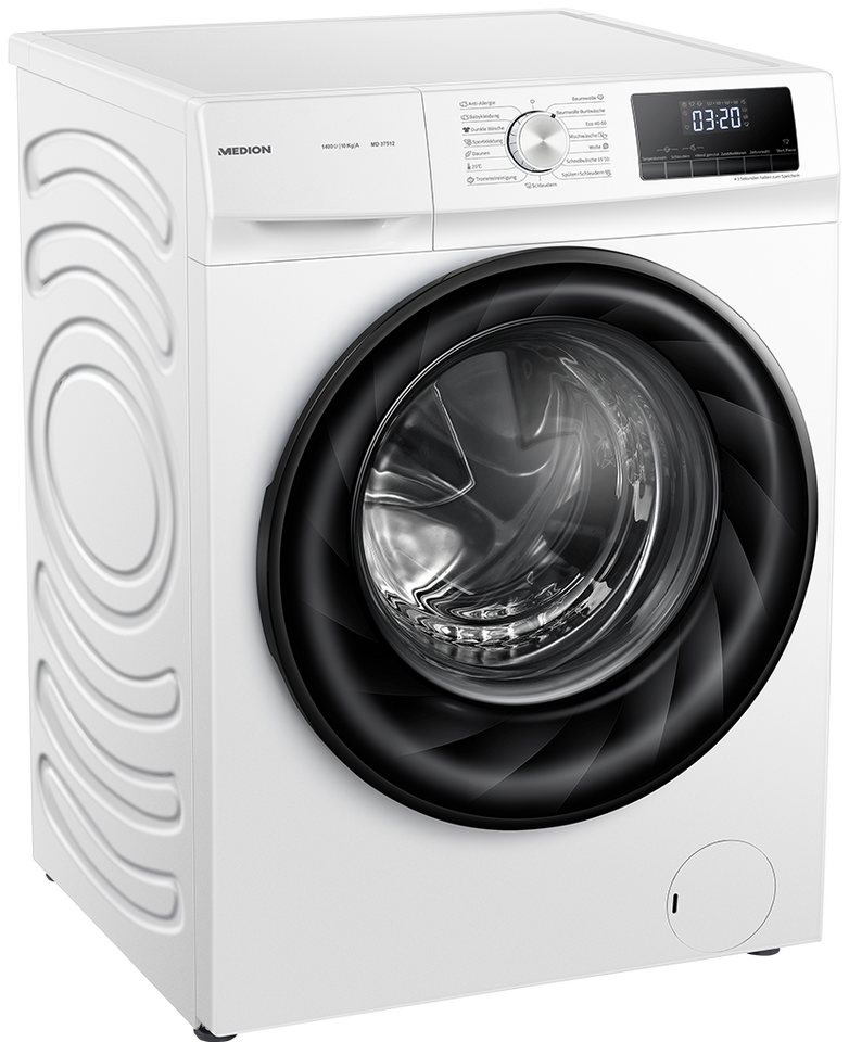 Medion® Waschmaschine MD 37512, 10 kg, 1400 U/min, Wäschenachlegen, Timerfunktion, 15 Waschprogramme weiß
