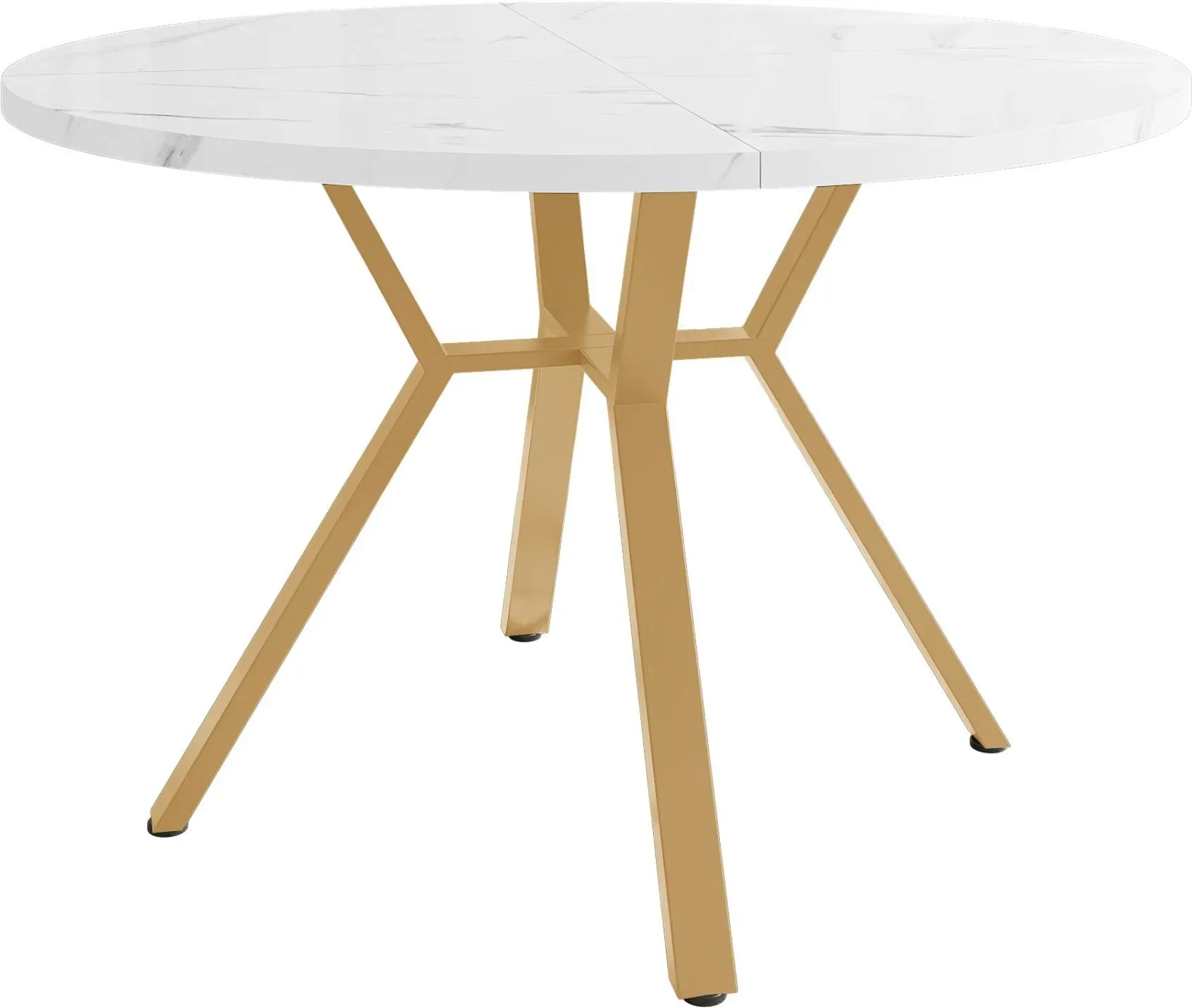 Moderner runder Esstisch für 4 Personen, mit x-förmiger Metallhalterung, 100x100x75 cm, Weiß+Gold