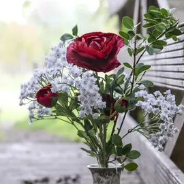 2474U Kunstblumenstrauß rot weiß, Künstliches Blumen-Bouquet 50 cm Elke - Rot/Weiß/Grün