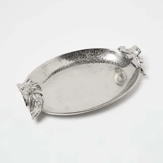Homescapes Silbertablett oval 40x27 cm, Dekotablett Silber, Metall-Tablett mit Griffen in Blattform
