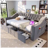 STILVORA Schlafsofa 90×190 Schlafsofa mit Ablagetaschen Jugendbett mit Schublade mit USB, mit USB-Ladeanschluss, breiten Armlehnen & Stauraumschubladen, Inklusive Matratze, 190x200 cm grau