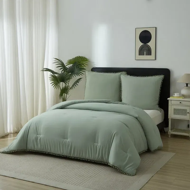 Meeallhome Bettwäsche-Set mit Pom-Pom-Fransen 200x220cm/80x80cmx2 Türkis