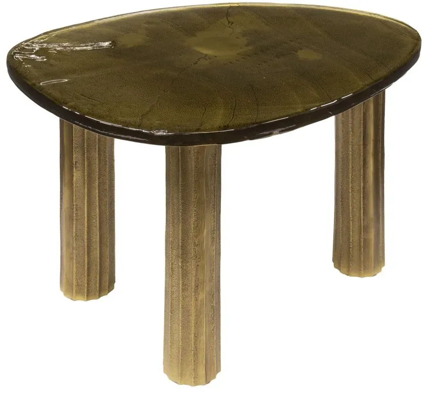 Couchtisch Klidun Glas und Aluminium, modern organisch, Antikgold, gewellte Glasplatte, Größe M