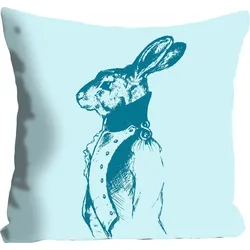 Dekokissen QUEENCE "Thanos", blau (blau, bedruckt), B:40cm L:40cm, Polyester, Dekokissen_Sitzkissen_Kissenhüllen, mit einem schicken Hasen