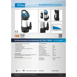 Güde Schmutzwassertauchpumpe GS 750.1 INOX mit 10 m Anschlusskabel