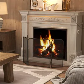 Homcom Kaminschutzgitter, Faltbares Kamingitter mit 3 Paneelen, Funkenschutzgitter für Wohnzimmer, Schlafzimmer, Metall, 96 x 56 cm, Schwarz