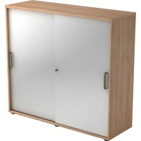 bümö Schiebetürenschrank "3OH" - Aktenschrank abschließbar, Sideboard Schrank mit Schiebetüren in Nussbaum/Silber - Büroschrank aus Holz mit