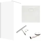 bad land Duschset, Weiß Glas Stein Optik, Quadratisch 80x198.2 cm, Badezimmer, Baden + Duschwanne 80x80 + Glaswischer