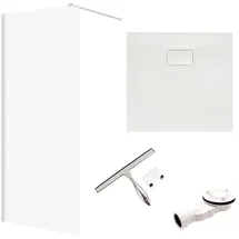 bad land Duschset, Weiß Glas Stein Optik, Quadratisch 80x198.2 cm, Badezimmer, Baden + Duschwanne 80x80 + Glaswischer
