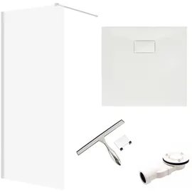bad land Duschset, Weiß Glas Stein Optik, Quadratisch 80x198.2 cm, Badezimmer, Baden + Duschwanne 80x80 + Glaswischer