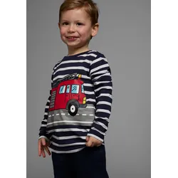 Langarmshirt KIDSWORLD "TATÜ TATA die Feuerwehr ist da", Jungen, Gr. 128/134, blau (marine, weiß, geringelt), Obermaterial: 50% Baumwolle, 50% Modal, gestreift, bedruckt, Basic, Basic, Rundhals, Langarm, Shirts, langärmlig, Basic-Passform, gestreift und bedruckt