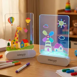 ideoon diy 2er-Set Kreative LED Acryl Maltafel für Kinder: Kabellose DIY Lampe mit Akku & 7 Buntstifte