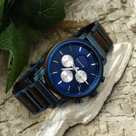 Holzwerk Germany Holzwerk BARUTH Herren Edelstahl & Holz Chronograph Mondphase Uhr, blau, schwarz