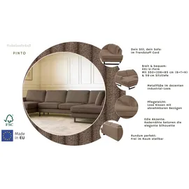 Home Affaire Wohnlandschaft Pinto, 350 cm, U-Form, XXL, mit Ottomanen, Cord, Chenille, Lederoptik, mit Keder, Metallfüße, Wellenunterfederung braun