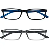 OPULIZE SEE Blaulichtfilter Lesebrille für Damen Herren, Blendfreie UV400-Schutz Federscharnier Anti-Müdigkeit, Rechteckiger Rahmen, Computerbrillen Gaming, 2er-Pack Schwarz Grau +1,00