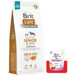 BRIT CARE Dog Grain-free Senior & Light Salmon 12kg + Brit Care Snack Immunity 150g