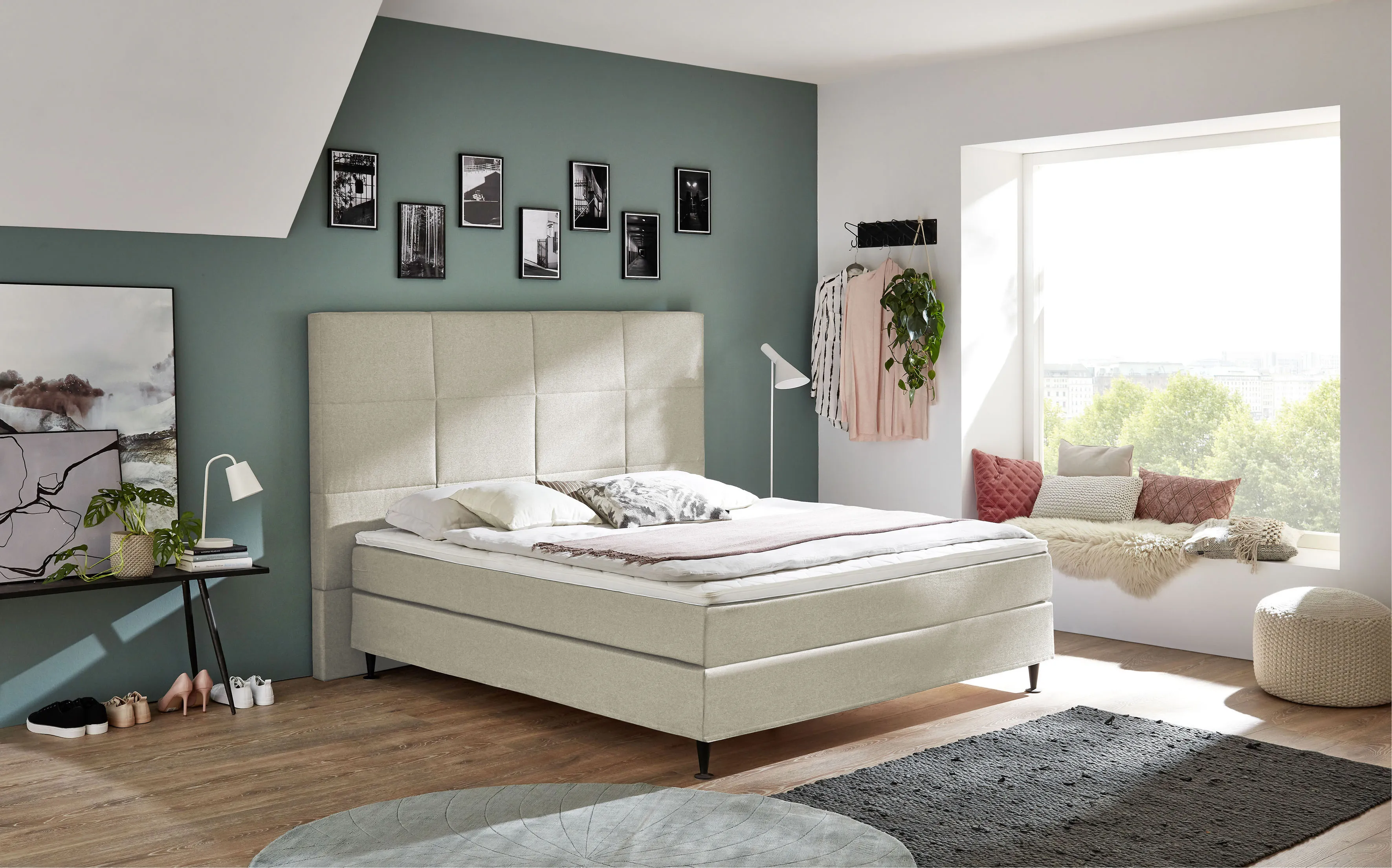 Boxspringbett ANDAS "Linja", beige (creme), B:143cm L:210cm, Komplettbetten, Boxspringbett, mit Hotelbett-Charakter, Komfortliegehöhe und Topper inklusive