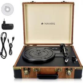 Navaris Retro Koffer Plattenspieler mit Lautsprecher - USB Port zum Digitalisieren - 35,5x11,5x27,5cm - Vintage Schallplatten Spieler Braun-Schwarz - Braun