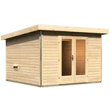 Karibu Saunahaus Mainburg 1 mit Vorraum - 38 mm naturbelassen Set B (Sauna B 2,25 x T 1,9 m mit 3 Liegen 57/52 cm) Ohne Ofen