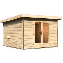 Karibu Saunahaus Mainburg 1 mit Vorraum - 38 mm naturbelassen Set B (Sauna B 2,25 x T 1,9 m mit 3 Liegen 57/52 cm) Ohne Ofen