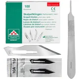 Set - 100 Stück sterile Skalpellklingen Figur 10A aus Karbonstahl - Ersatzklingen + 1 x Shehadeh - Skalpell-Halter - Edelstahl